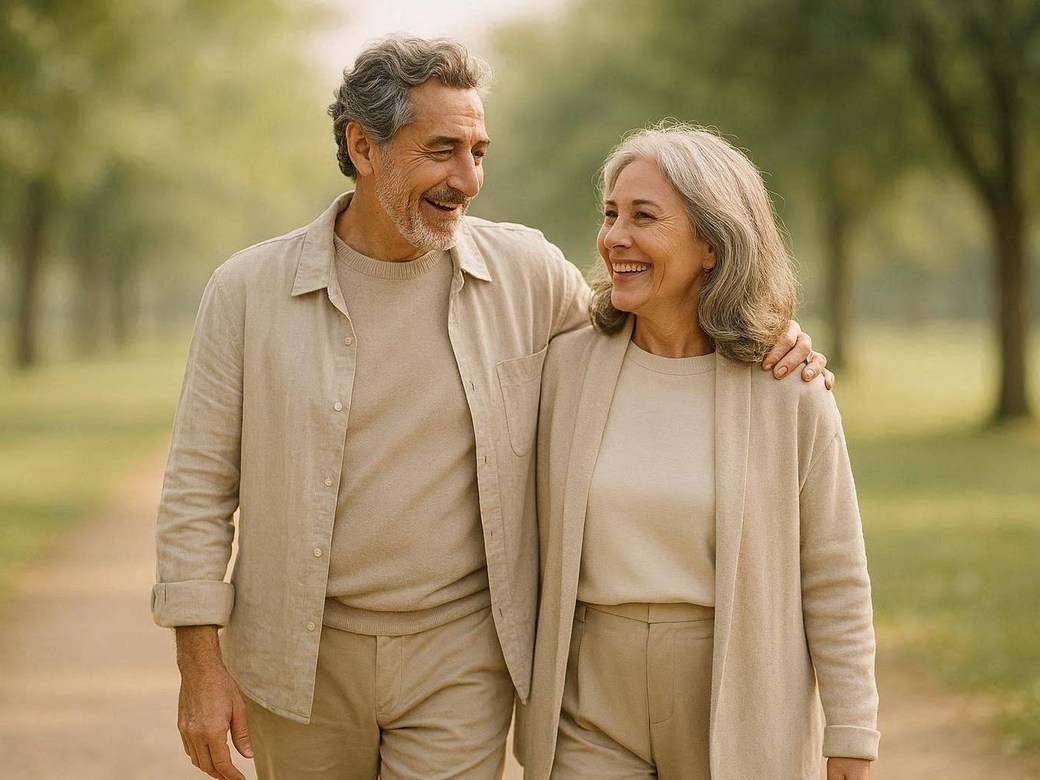Pareja caminando al aire libre por la mañana